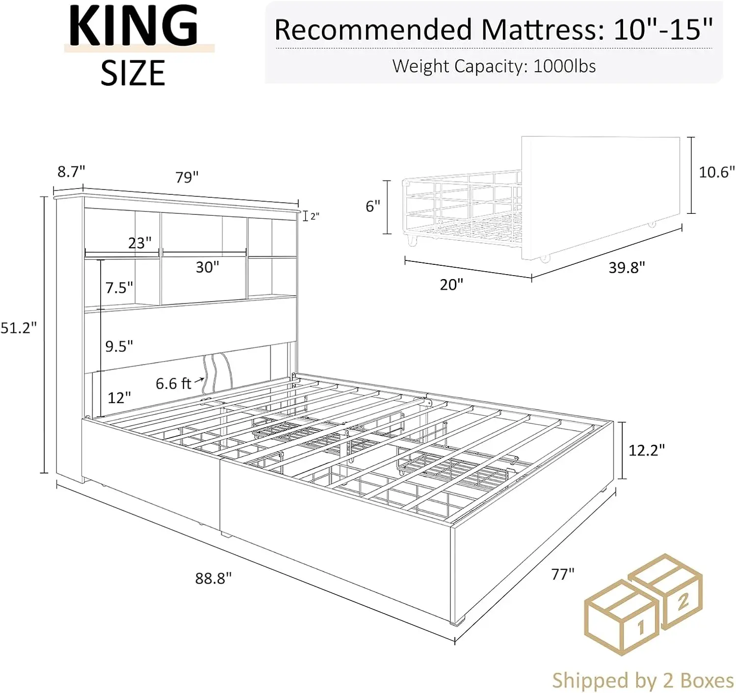 Extra large bed frame with 51.2-inch storage LED bookshelf headboard, 4 storage drawers/noiseless/country grey