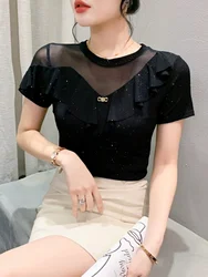 Faionable Ruffle Sve round Ne Me ort Sve T-irt Women's Summer New Sle Korean Sle Slim Fit Top