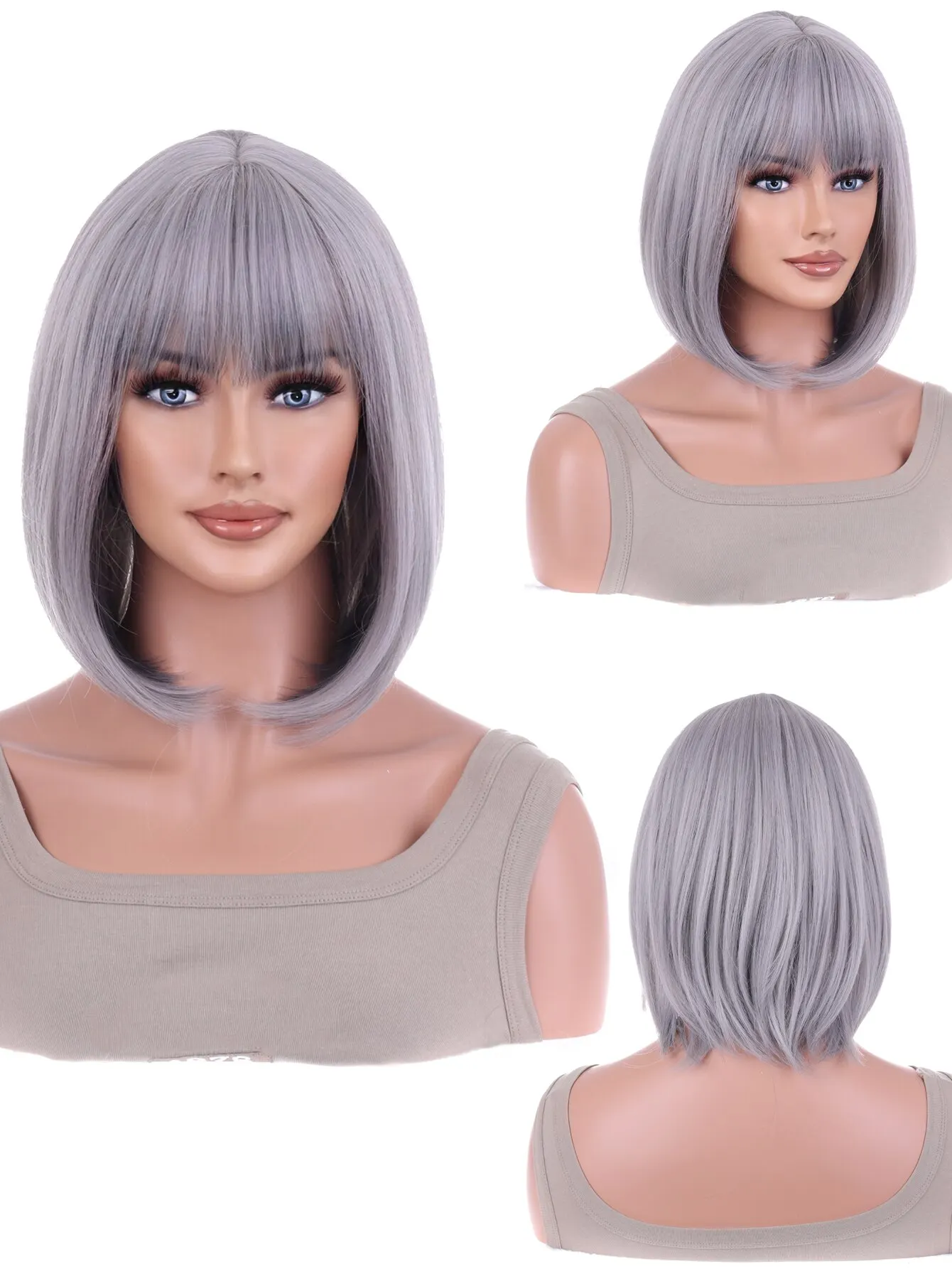 Synthetic Wig Short Platinum Blonde Ombre Wavy Wig Dark Roots with Bangs for Women Shoulder Length Natural Looking Daily Use