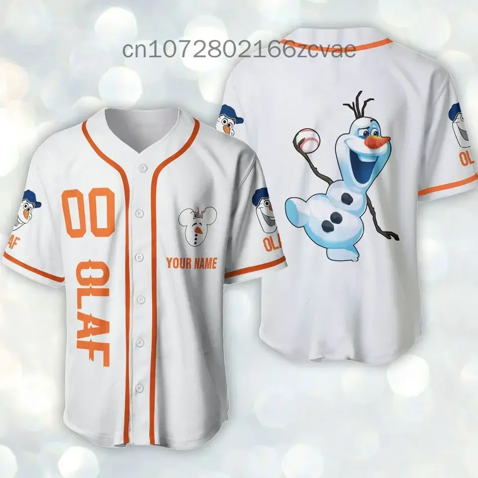 2024 New Men and Women Olaf Frozen Baseball Jersey Short Sleeve Jersey Custom Name Disney Casual Sports Shirt