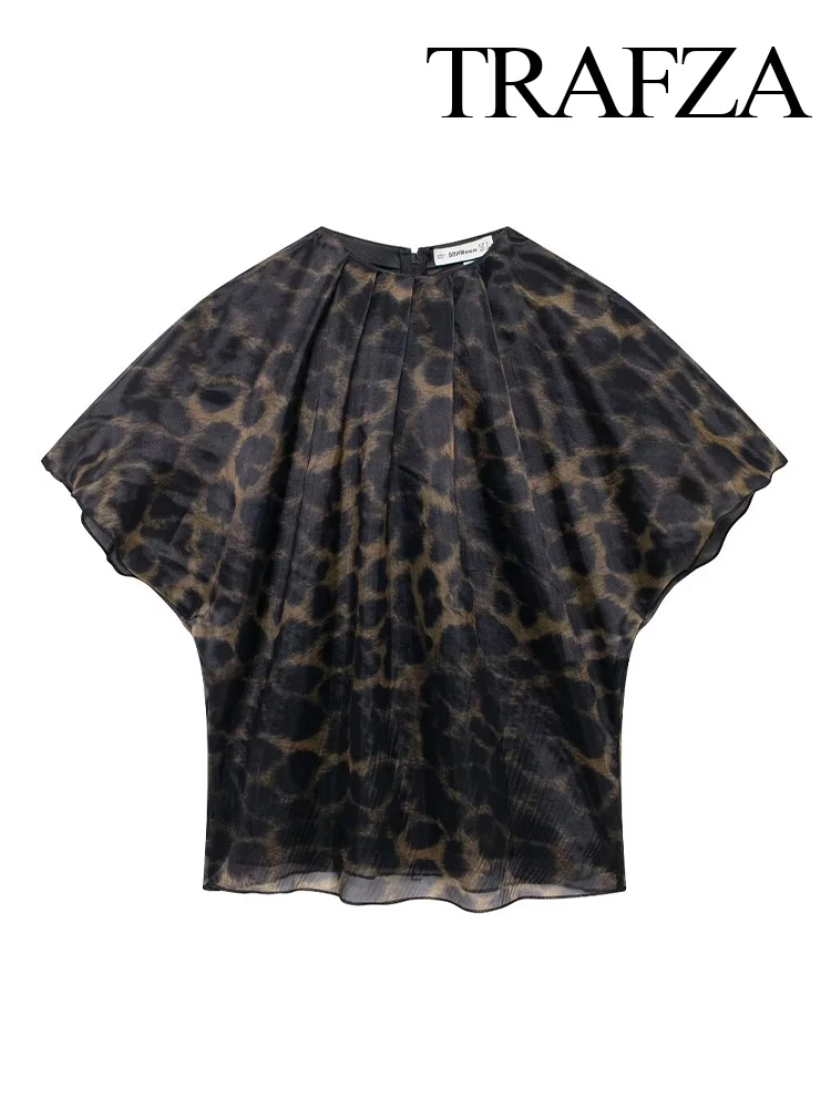 TRAFZA Women Fashion Leopard Double Layer Organza Zip Top Female Black Elegant Pleated Oversize Short Sleeve Casual Blouse Mujer