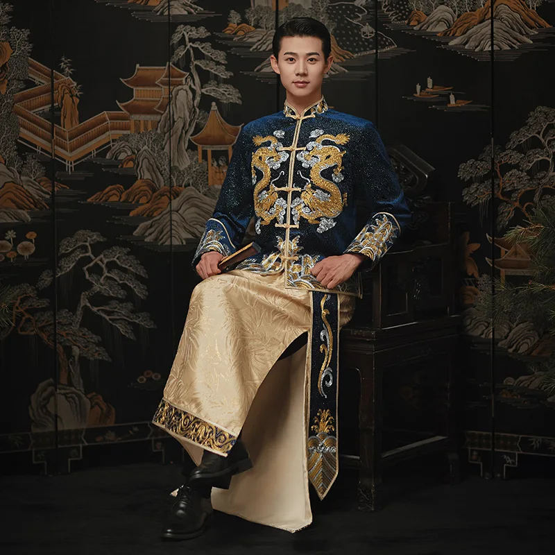 Blue Xiuhe Chinese triditional red long sleeves Groom's Wear Men's Dragon Phoenix Gown Fringed Top Tang Suit Wedding Dress