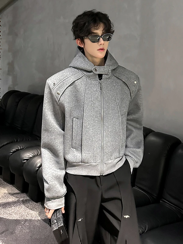 

Мужская утепленная толстовка с капюшоном, деконструированным дизайном, на молнии, с подкладкой на плечах, в американском спортивном стиле, модная повседневная, из хлопка.