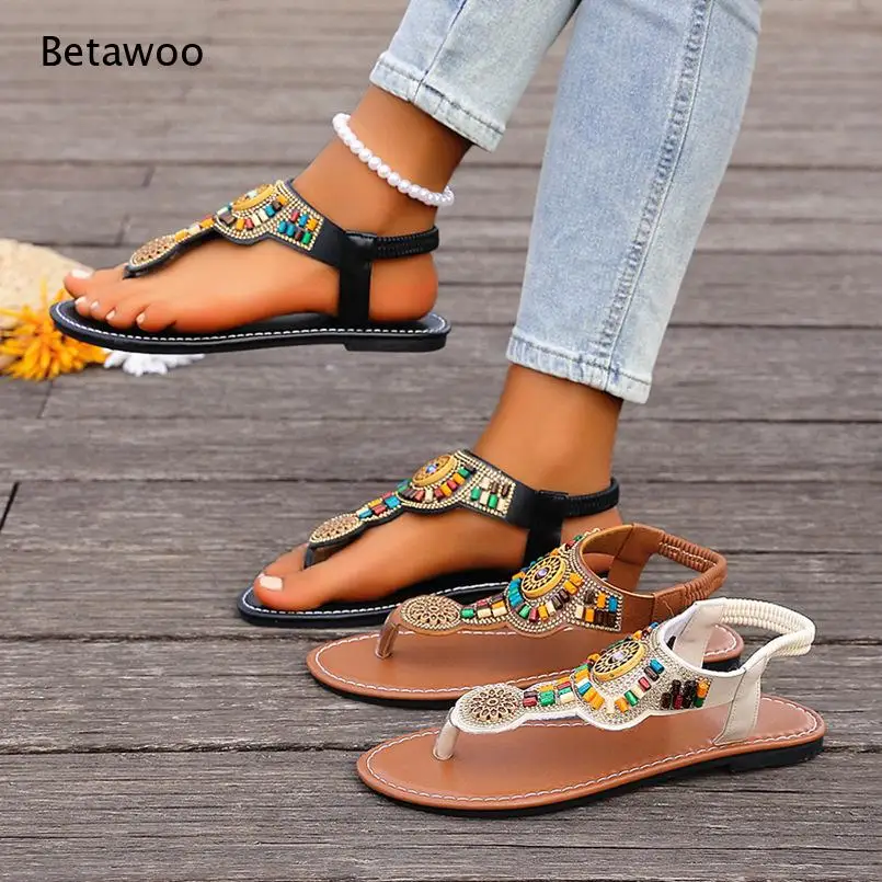 Sandalias Planas Retro 2026 con Cuentas Coloridas y Diseño Geométrico, Chanclas Boho Multicolor Beige, Negro y Marrón para Mujer, Calzado de Verano para Viajes
