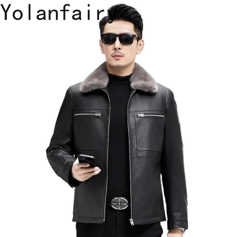 YOLANFAIRY Genuine Cowhide Leather Jackets Man Luxury 2025 Winter Detachable Whole Cross Mink Fur Liner Coat Warm Leather Jacket