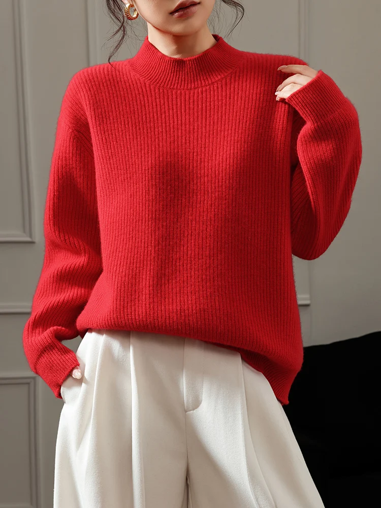 

Свободный осенне-зимний женский свитер из 100% мериносовой шерсти, трикотаж, толстый пуловер, женская новая блузка, одежда с длинными рукавами, кашемировые топы