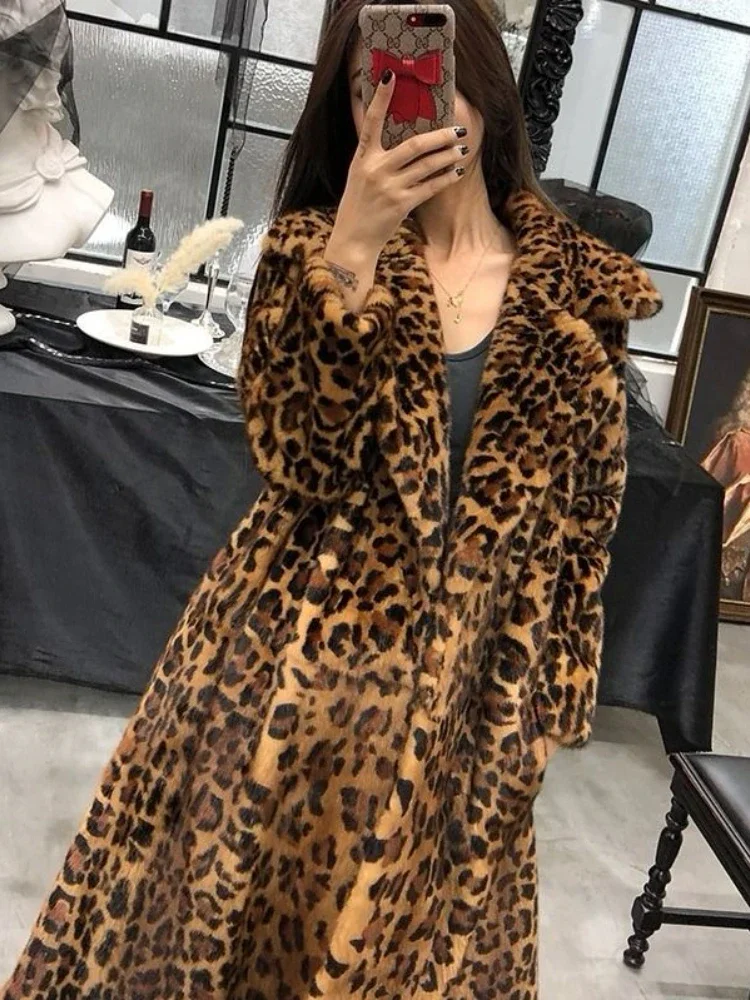 New Winter Korean Fashion Fluffy Warm Faux Fur Jacket Women Lapel Long Elegant Leopard Print Faux Mink Fur Jackets Coats E705