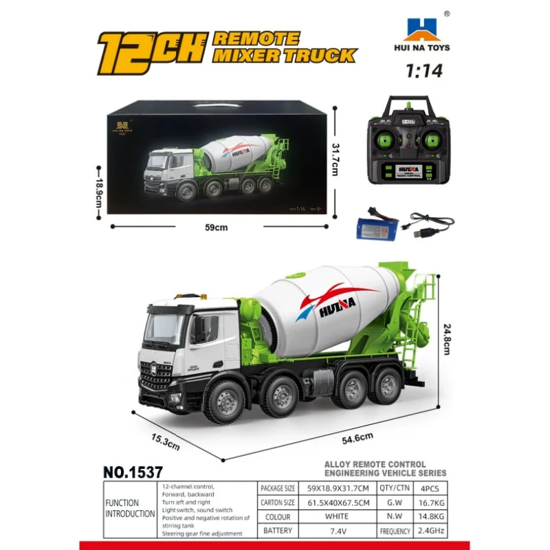 Huina 1536pro Nieuwe 1537 Legering Afstandsbediening 114 Schaal Wiel Zware Techniek Dump Truck Mixer Speelgoed