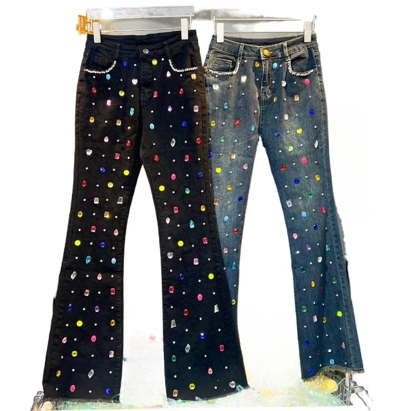 Exquisite Rhinestone Beaded Black Bell-Bottom Pants Women\'s 2023 Autumn Winter Jeans High Waist All-Matching Denim Blue Pants