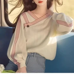 Korean Fashion Spring Autumn New Women V-Neck Striped Patchwork Button Casual Lazy Wind Long Sleeve Pullovers Sweatshirts Tops
