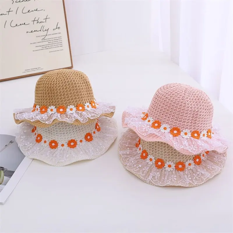 

Summer Children Straw Hat Princess Girl Summer Sun Hats Hollow Breathable Kids Sunscreen Visors Sweet Lace Flower Baby Basin Cap