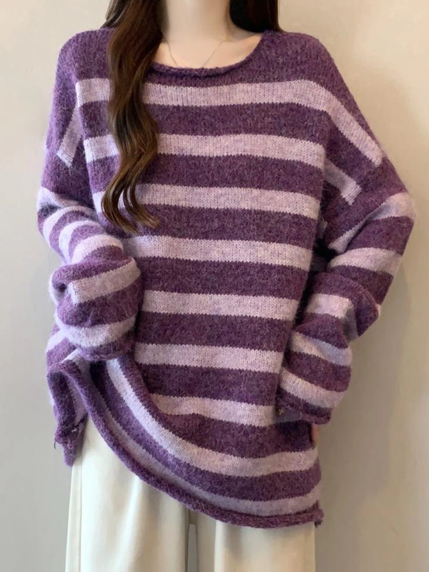 

Корейский полосатый трикотажный джемпер для женщин, осенне-зимний, свободный, в стиле оверсайз, средней длины, базовый топ, большие размеры, плюс сайз, MM