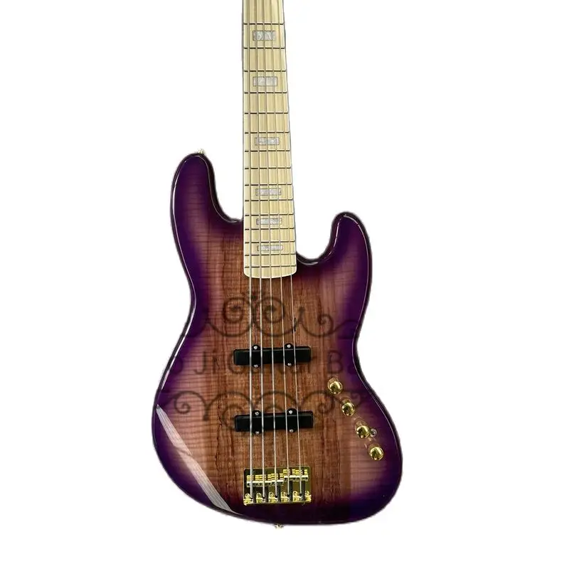 Purple Bass Guitar with Fixed Bridge, Burl Maple Top, Maple Fingerboard, White Pearl Inlay, 5 Strings，gold hardware