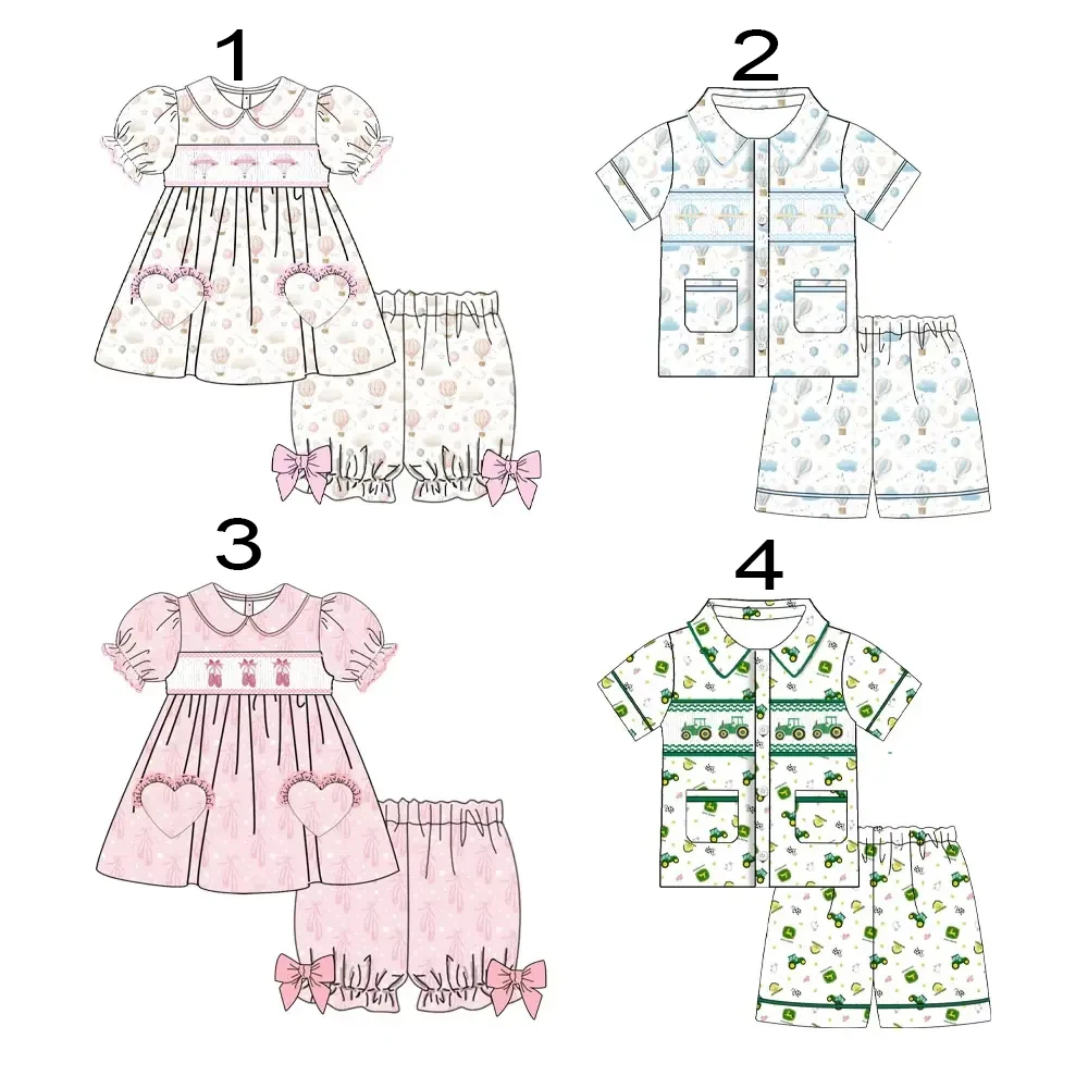 

Boutique children's clothing suit tractor hot air balloon print short-sleeved shorts stretch pajamas set four-piece pocket milk