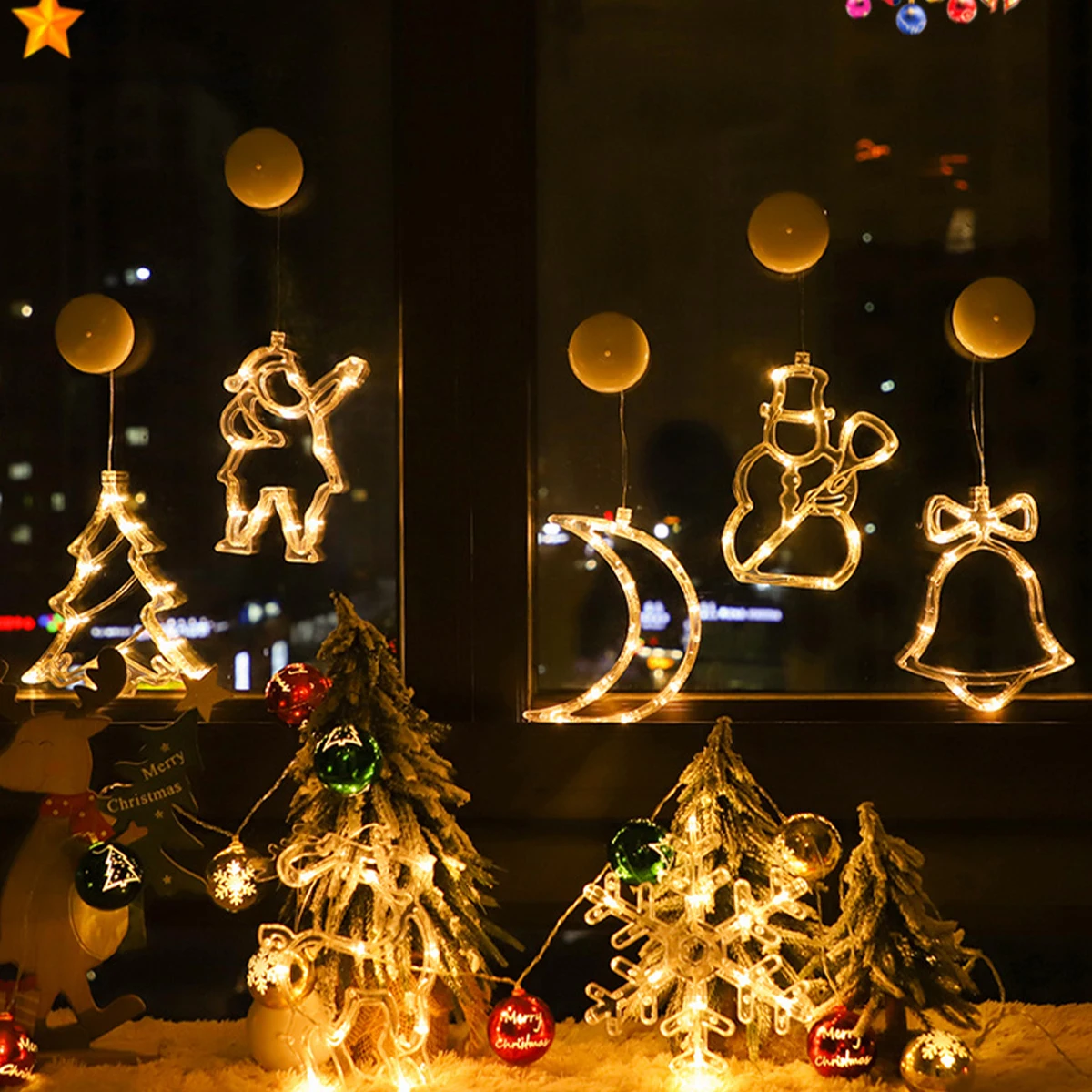 Led Christmas Window Lights Battery Powered Star Tree Light Tabl Warm Indoor Suction Cup Lighted Santa Claus Decor Holiday Party