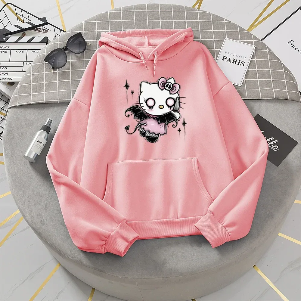 Suéter con capucha con patrón de gato Kawaii para mujer, sudaderas con capucha lindas de manga larga, Tops holgados de gran tamaño, abrigo para