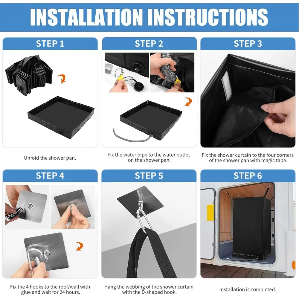 Portable RV and Camping Shower System with Tent and Drain, Foldable Pan for Outdoor Bathing