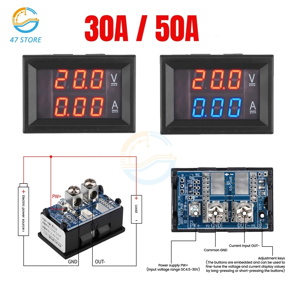 Voltímetro Digital com Display Led Duplo Amperímetro Derivação Embutida com Aparador Medidor de Tensão 028 dc 4.530v 30a 50a Azul de Dígitos e Vermelho