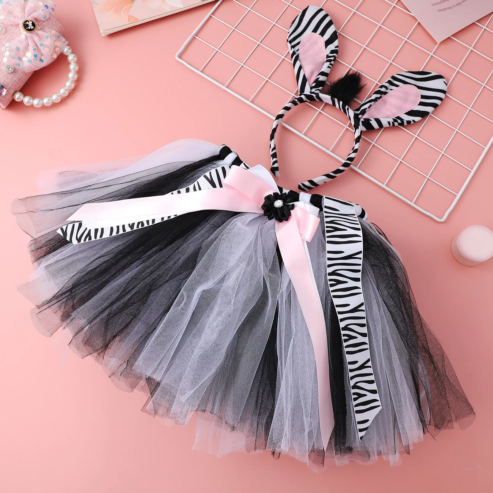 

1 Set Zebra Costume Set For Tutu Skirt With Bow Tie Headband Tail Animal Ears Jungle Themed Cosplay Outfit Halloween Party