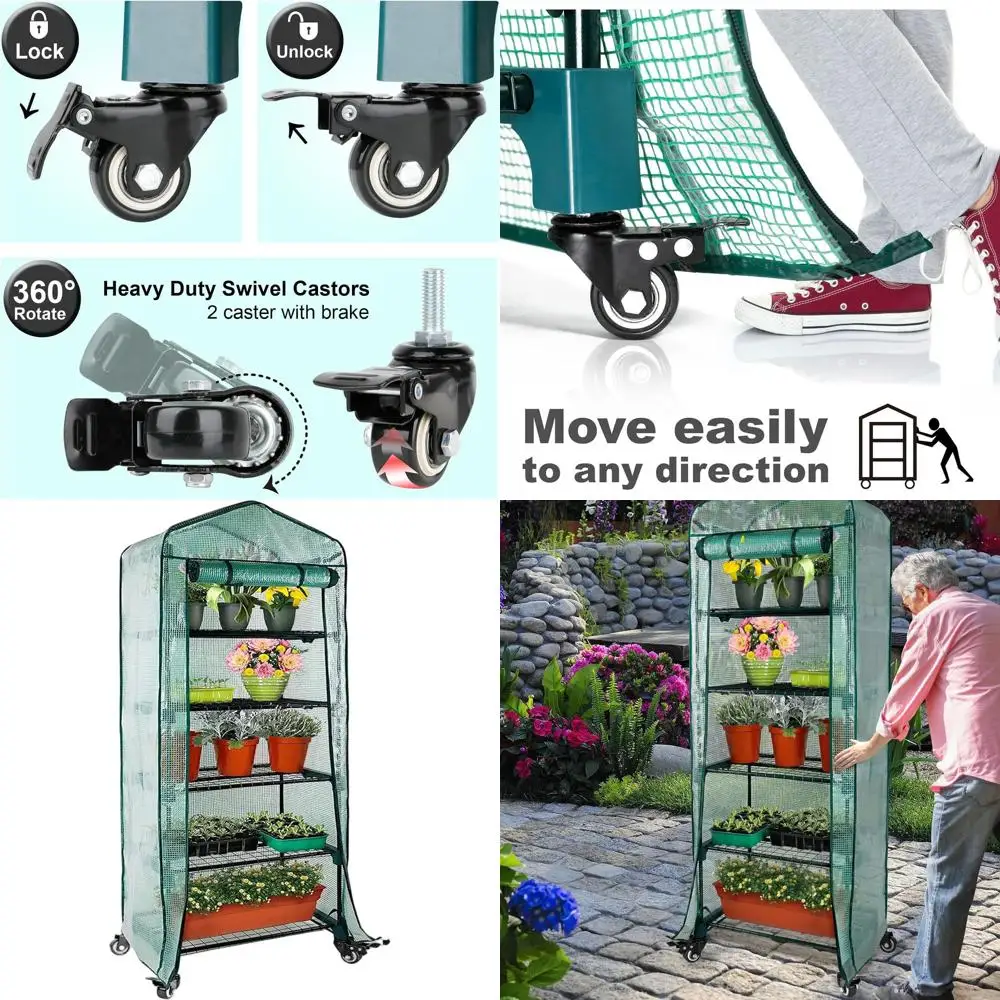 

Портативная 5-ярусная мини-теплица с колесами и покрытием из полиэтилена, усиленные поворотные колеса с тормозами, 76В x 27Д x 19Ш для использования в помещении