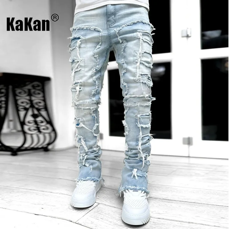 Kakan - New Men's Elastic Patch Jeans, Y2k Clothes Street Fashion Straight Leg Pants Long Jeans Jeans Man Brand