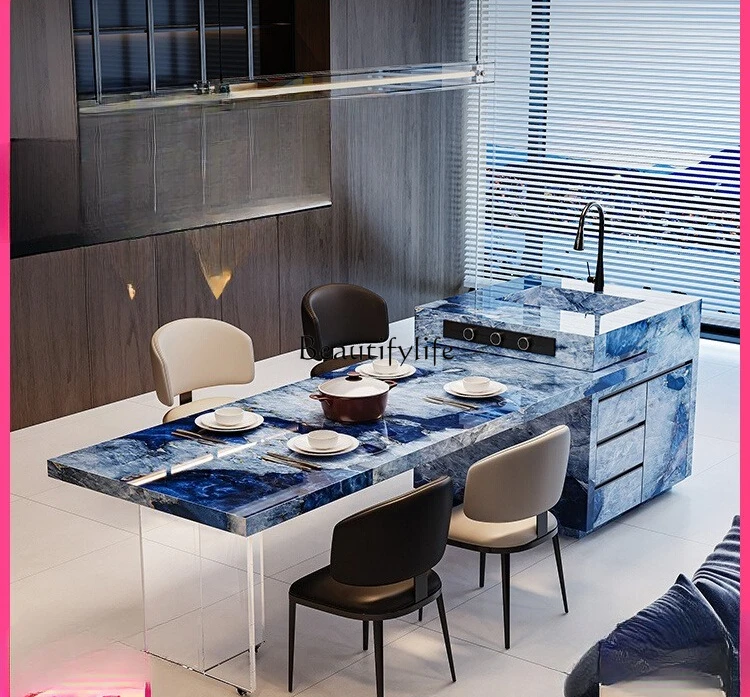 

Italian minimalist luxury stone rock slab island dining table integrated high-end guide table retractable customization