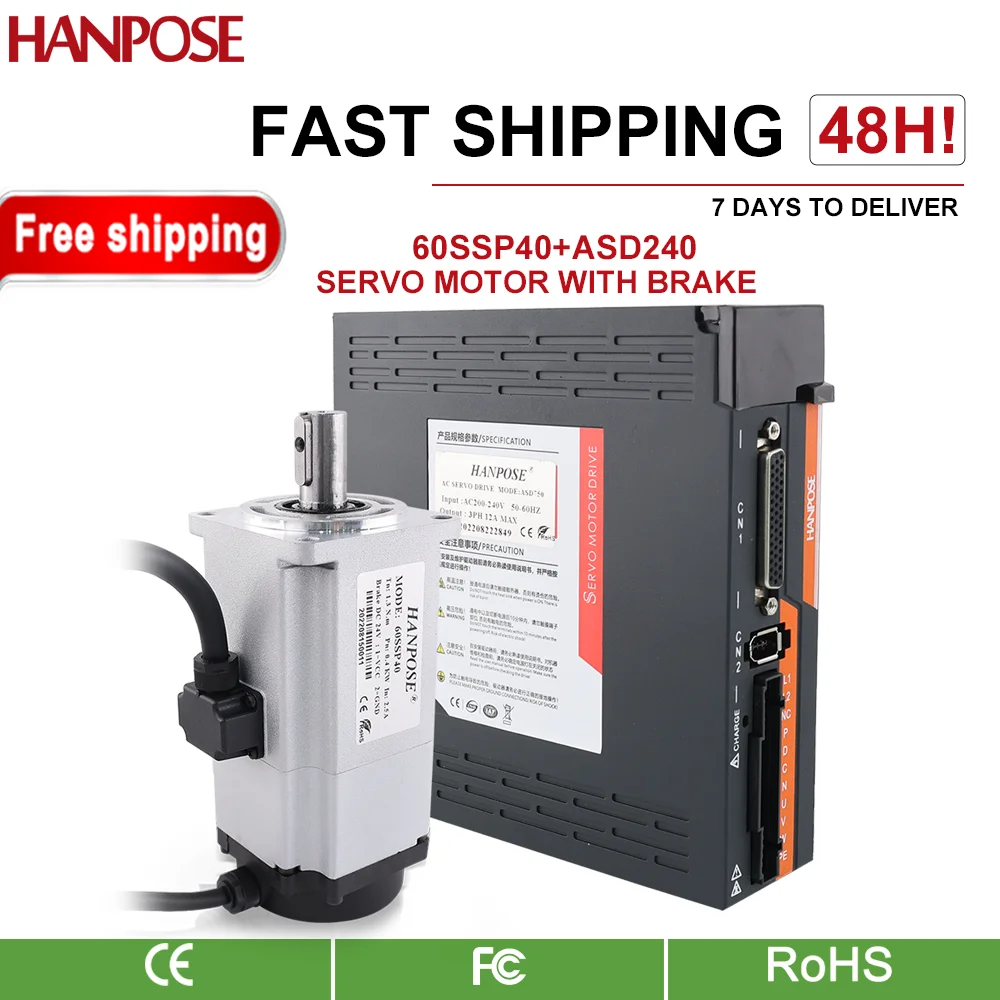 

hanpose 400W Servo Motor Kit 60SSP40 2.5A 1.3N.m ASD240 Servo Drive AC200-240V+3MCable sewing machine AC Servo Motor With Brake