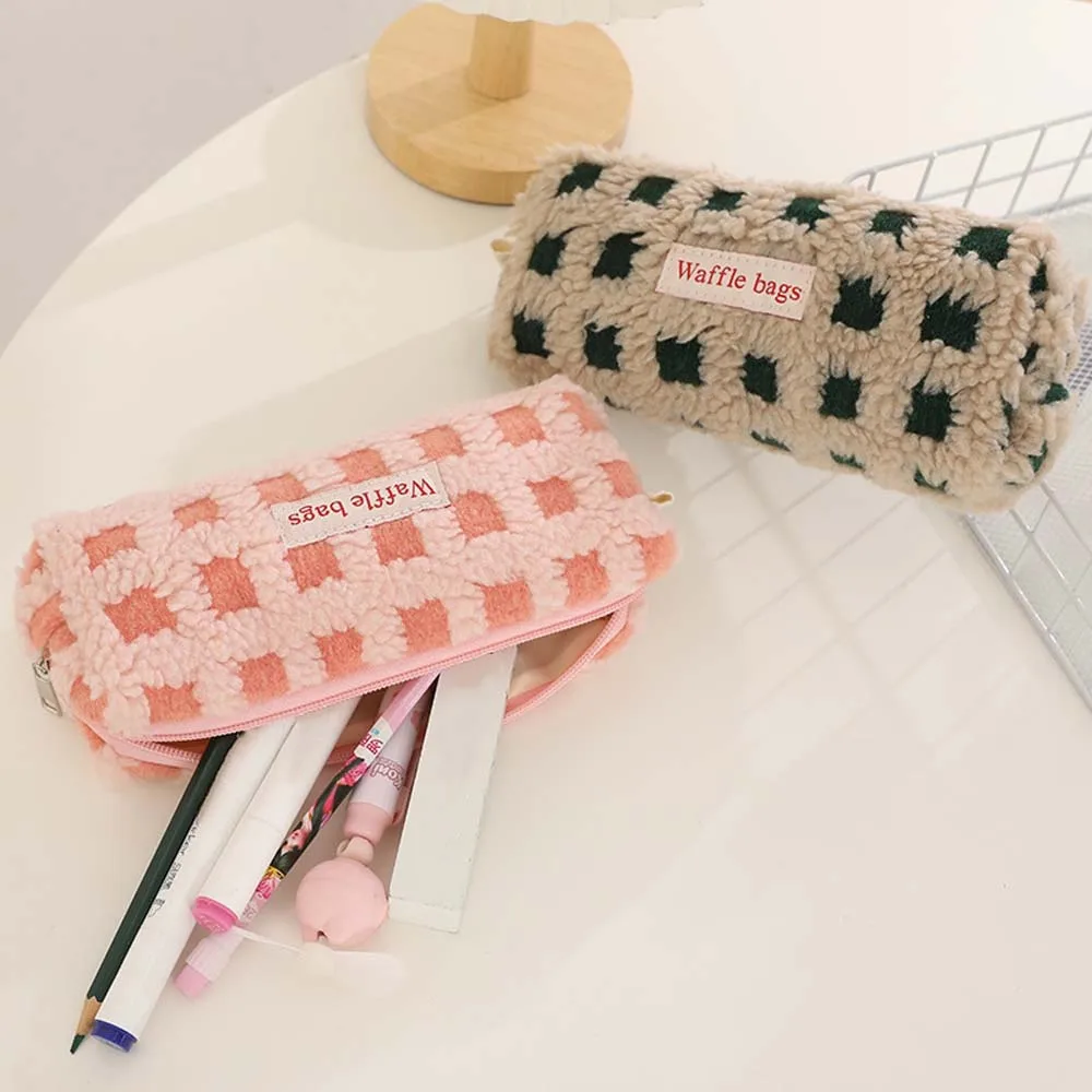 Large Capacity Plush Pencil Case Khaki/Pink/Yellow/Blue/Red Soft Stuffed Stationery Bag INS Pencil Pouch Plush Pen Bag