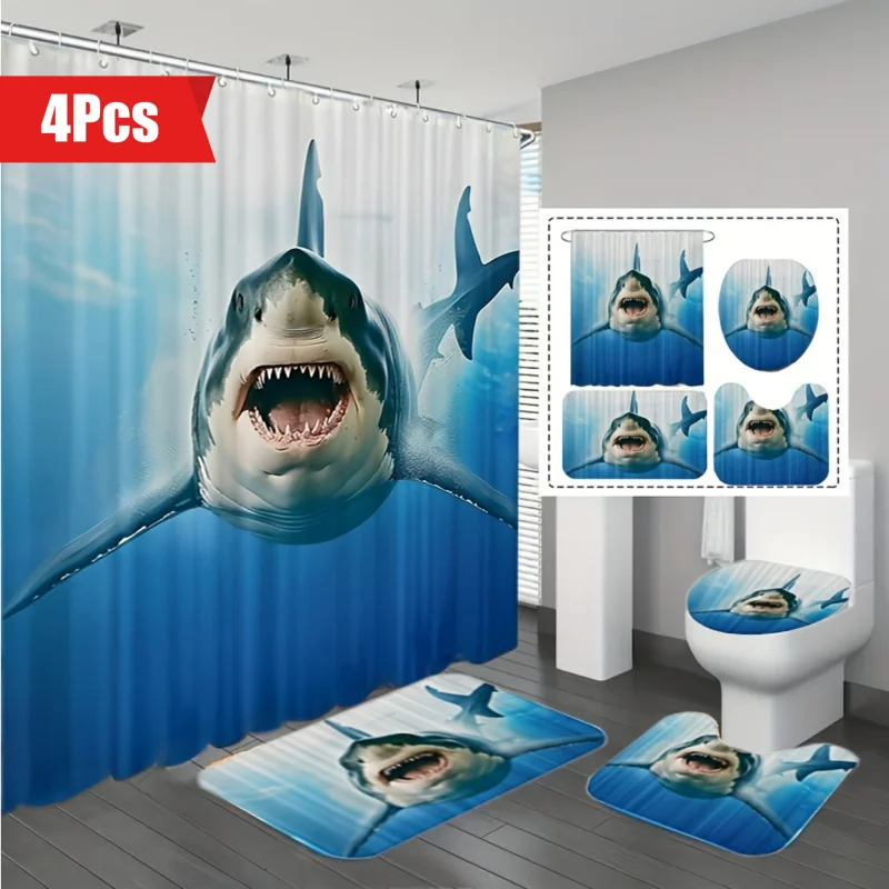 Ocean Theme Shark Bathroom Set - 4pcs Water-Resistant Polyester Shower Curtain with Hooks, Non-Slip Mat, Toilet Lid Cover, and R