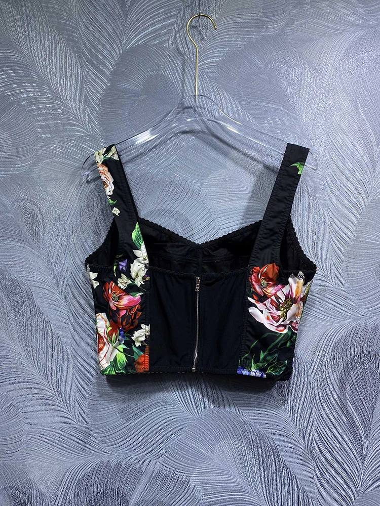 DLDENGHAN Short Crop Top Vest Summer Spring New Fashion Design Women Runway High Quality 100% Cotton Flower Print Vintage