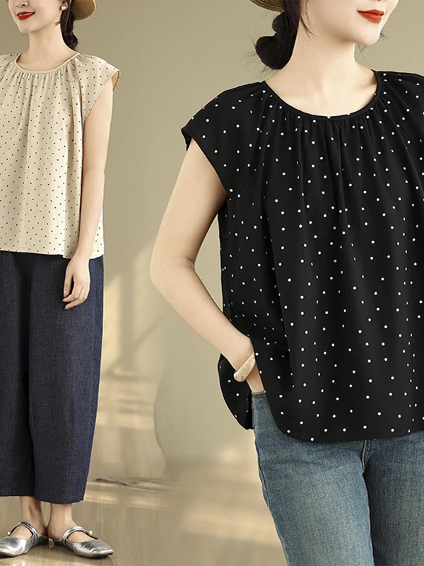 

Summer 2025 Unique Loose Polka Dot Fly Sve irt Women's Casual Sle Vaion Outerwear irt round Ne ort Sve