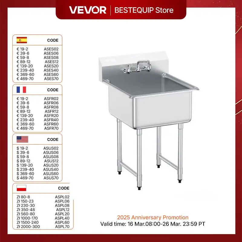 VEVOR Stainless Steel Kitchen Prep & Utility Sink 1 Compartment Restaurant Commercial Steel Sink w/Faucet for Restaurant Home