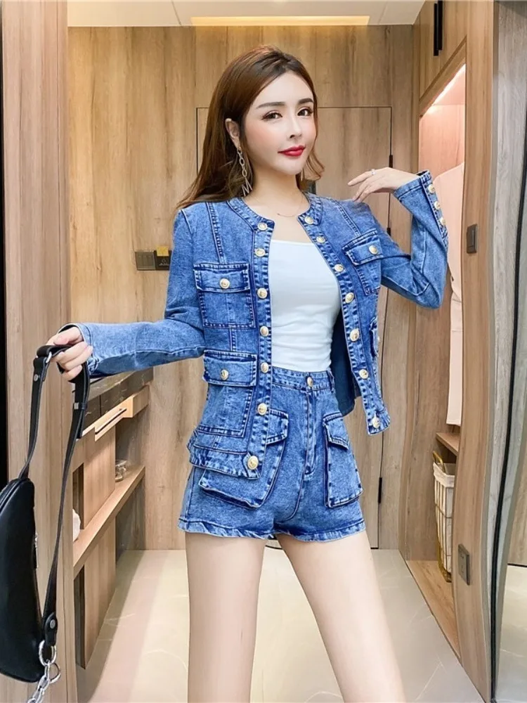 

2023 Autumn Single-breasted Denim Short Jacket + High Waist Jeans Shorts Fashion Two-piece Set Womens Outfits