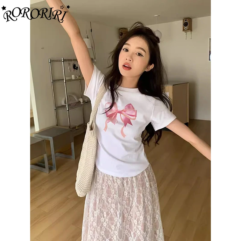 

RORORIRI Bow Print White Cropped Top for Women Summer Slim Fit Crewneck Short Sleeves T-shirt Pullover Korean Kawaii Y2k Clothes