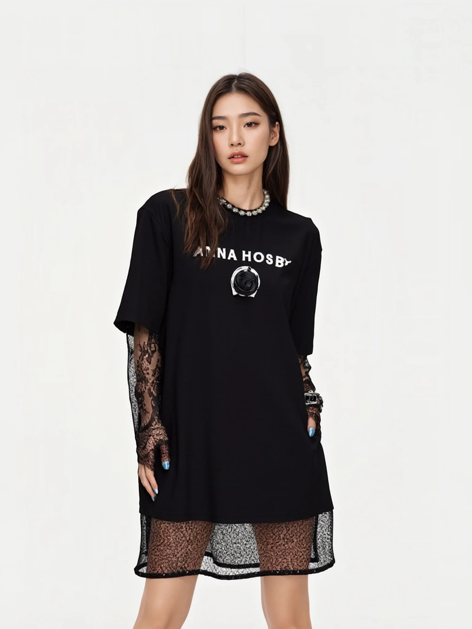 

Summer New Bla Lace Splicing round Ne Dr Casual Straight T-irt Dr Cotton Long Sve Women's Faion Dr