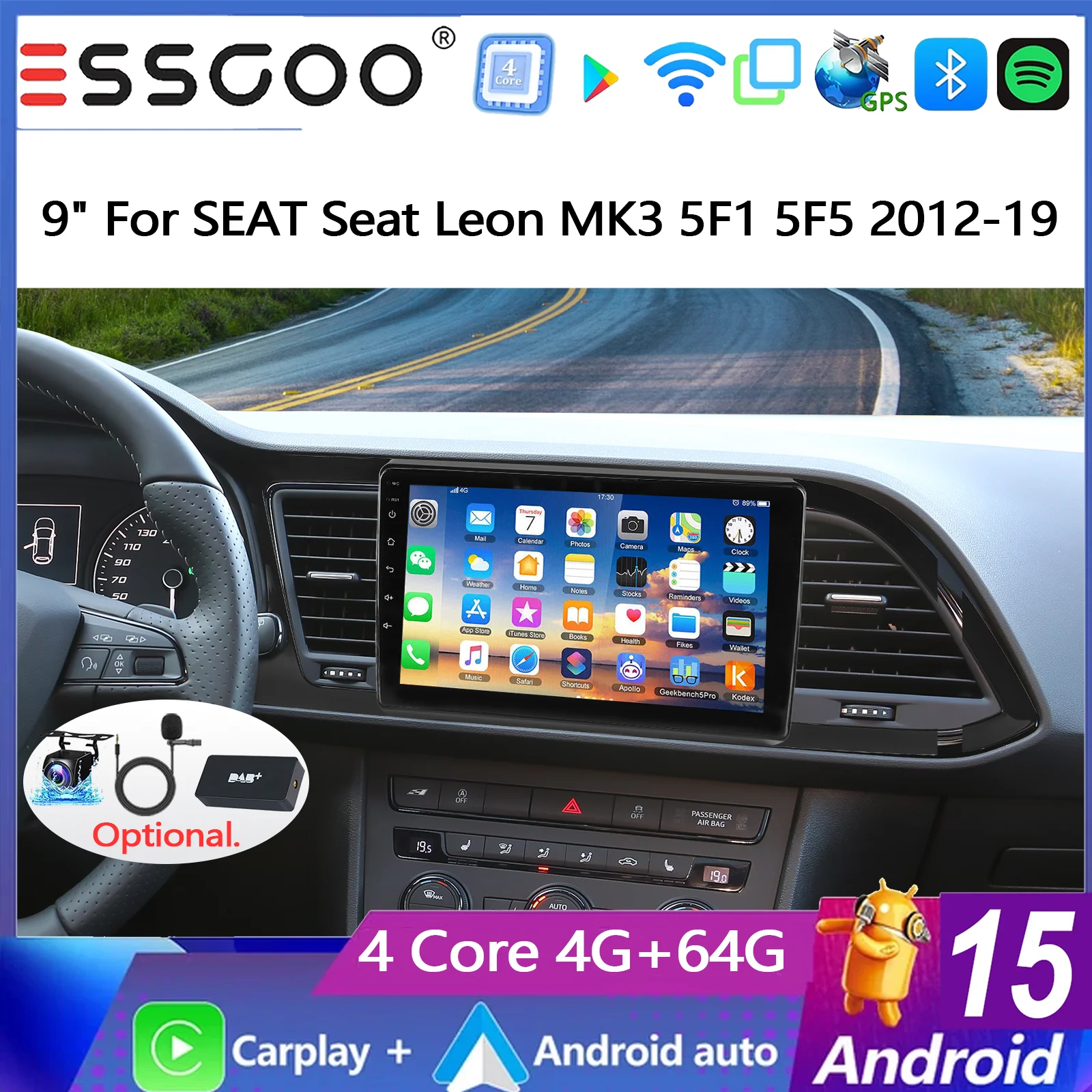 ESSGOO 9-calowy Android 15 4+64G Radio Samochodowe z GPS do Seat Leon mk3 5F1 5F5 2012-2019, Bezprzewodowy Carplay, Android Auto, FM, Bluetooth, RDS, SWC, Wifi, ASP, Mirror Link, Ekran Dotykowy IPS