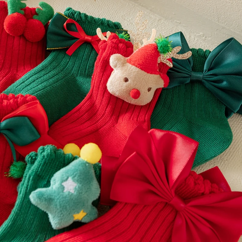Christmas Socks for Kids Toddler Baby Girls Cotton Bow Short Socks Children\'s New Year Gifts