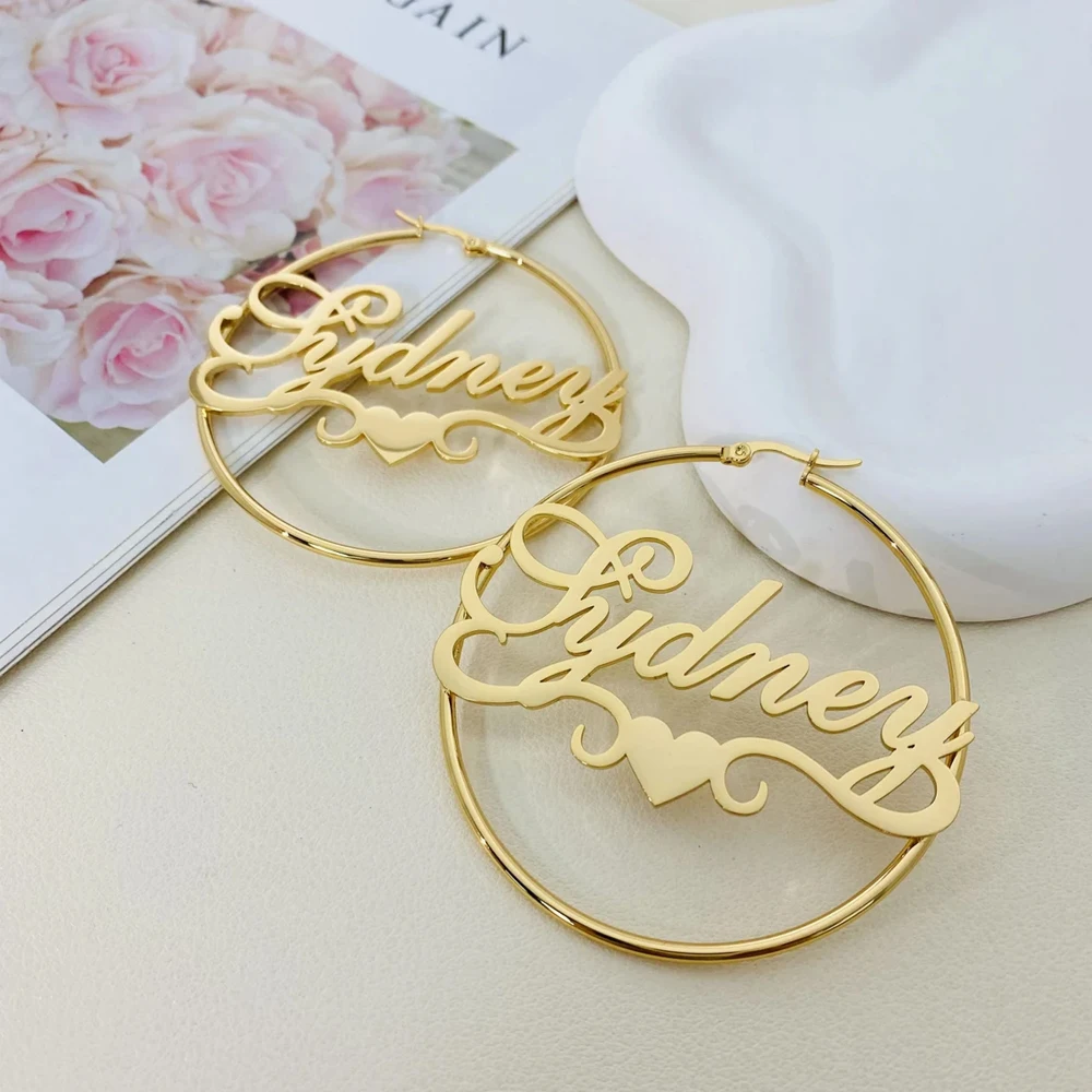 Haiyufly Personalized Custom Name Earring for Women Girls Heart Hoop Earrings Stainless Steel Mother Kids Christmas Jewelry Gift
