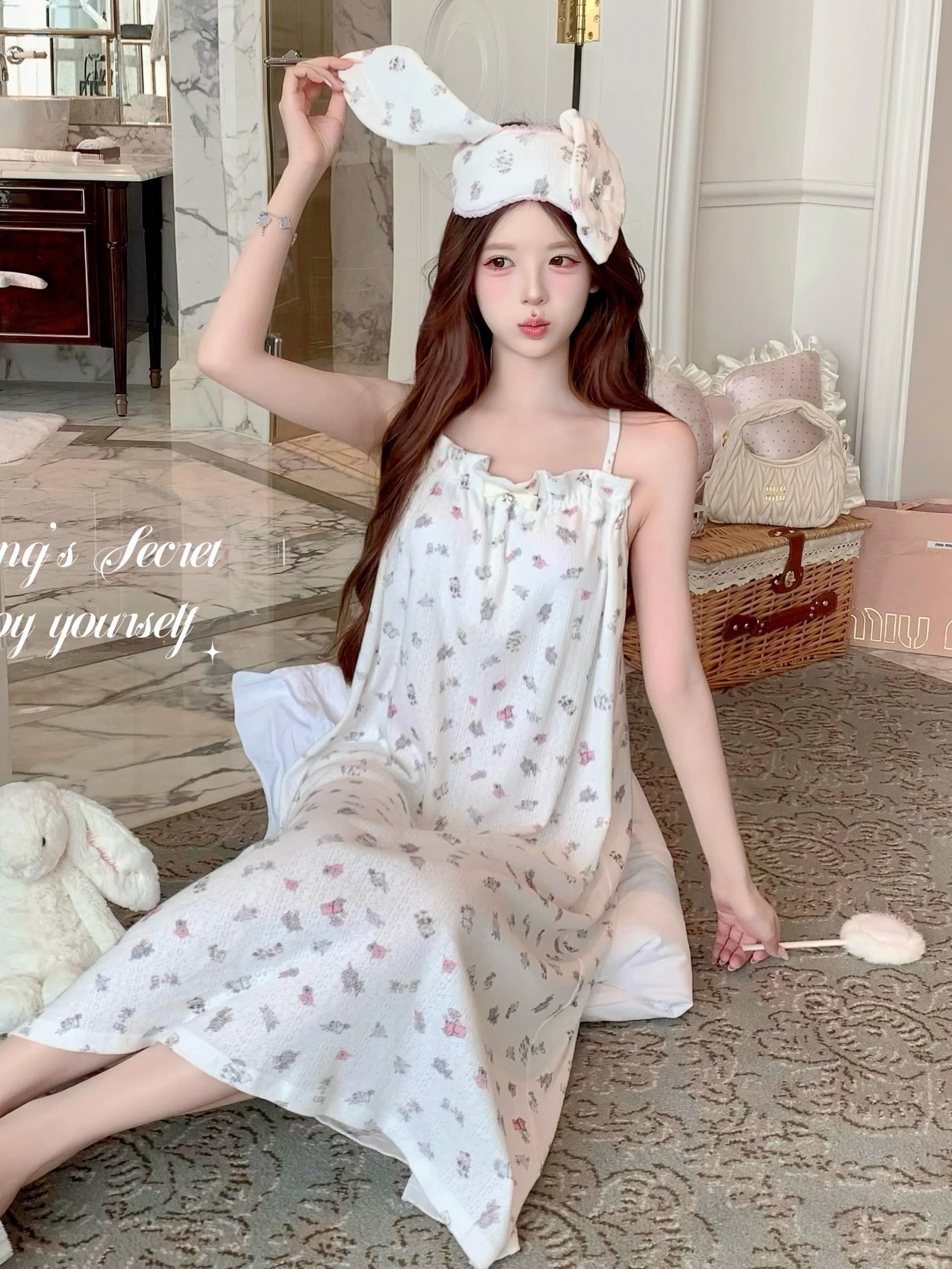 Japanese Original Floral Pure Cotton Suspender Nightdress Sweet Girl Sleeveless Chest Pad Casual and Comfortable Dress Summer