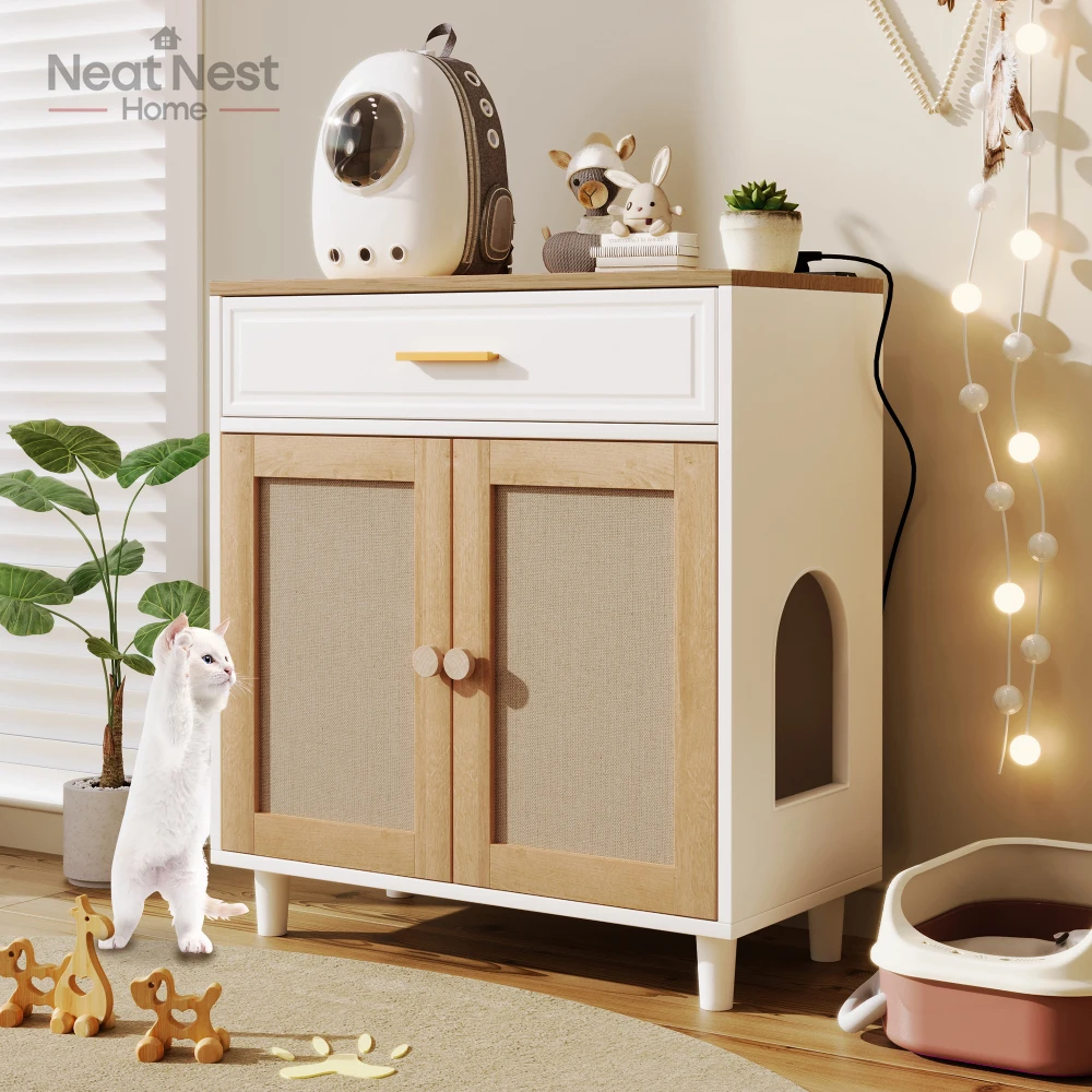 

Furniture Style Cat litter box Cat house With Sisal scratching door Charging socket Cat friendly furniture,Pet house and drawers