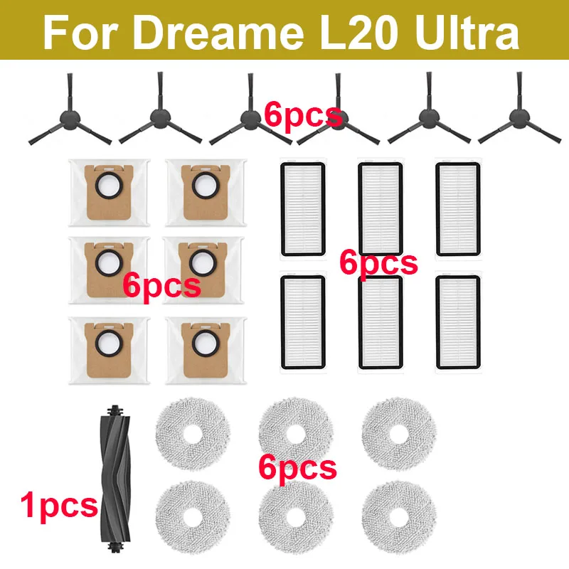 

Compatible for Dreame Bot L20 Ultra/X20 Pro Accessories Main Side Brush for L30 Ultra Mop Hepa Filter Dust Bags Replacement Part