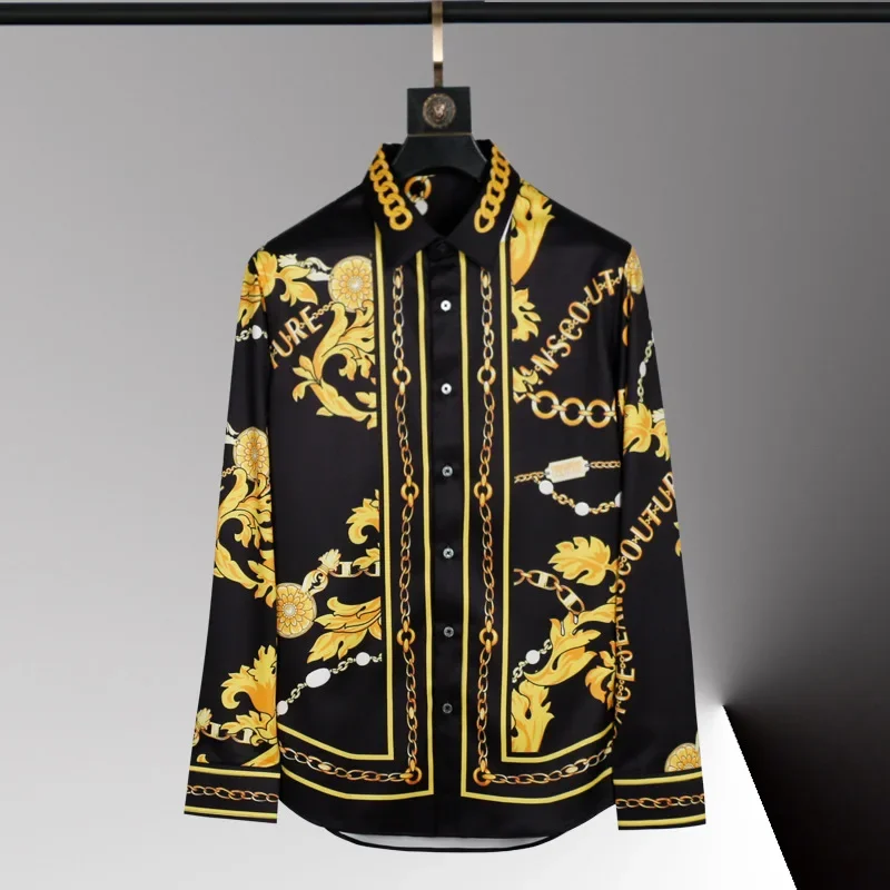 

New men's long sleeved non ironing shirt with positioning printing, trendy floral shirt, one piece for shipping