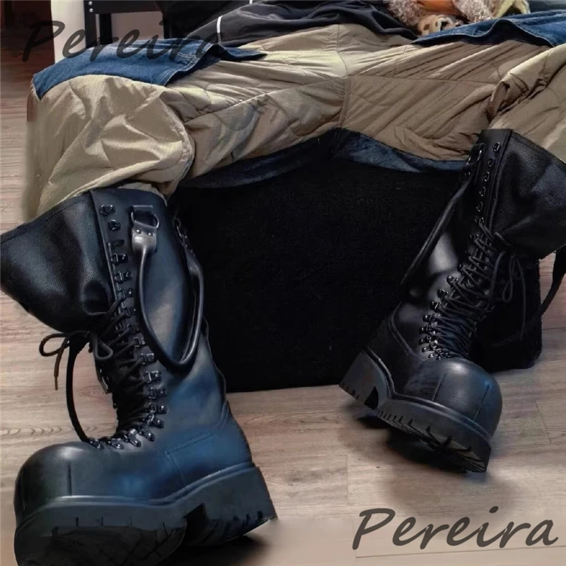 Men's Retro 10CM Thick Soled Motorcycle Boots Fashion Designer Hand-Held Lace-Up Platform Knee High Boots Trendy Couple Shoes