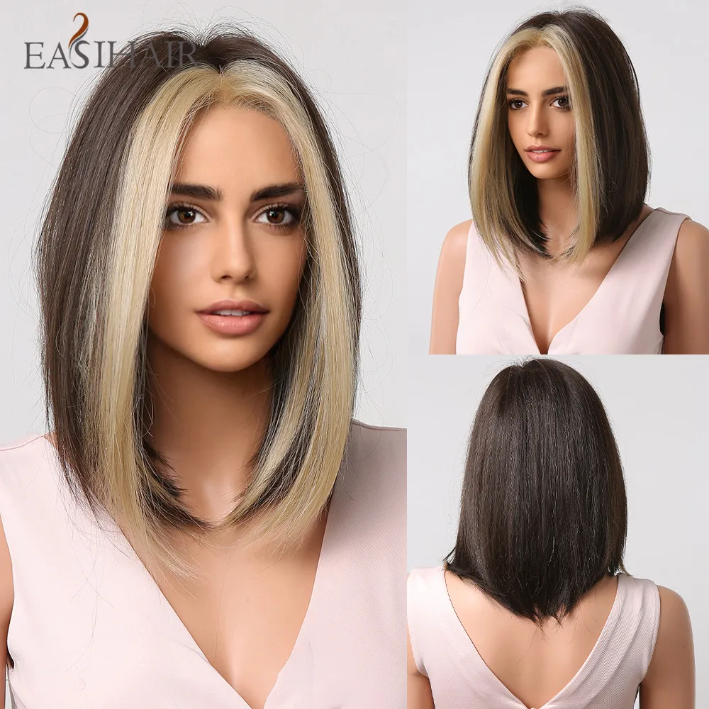 EASIHAIR Wig Sintetis Lurus Pendek Wig Bob Bagian Tengah Pirang Sorot Coklat untuk WANITA HITAM Serat Tahan Panas Sehari-hari