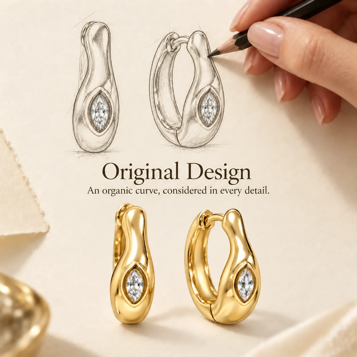 Moonmory Einzigartiges Design Lava-Creolen für Damen, 5A Marquise CZ Unregelmäßige Messing-Creolen, 14K Vergoldet, Großhandelsschmuck – Detail 4
