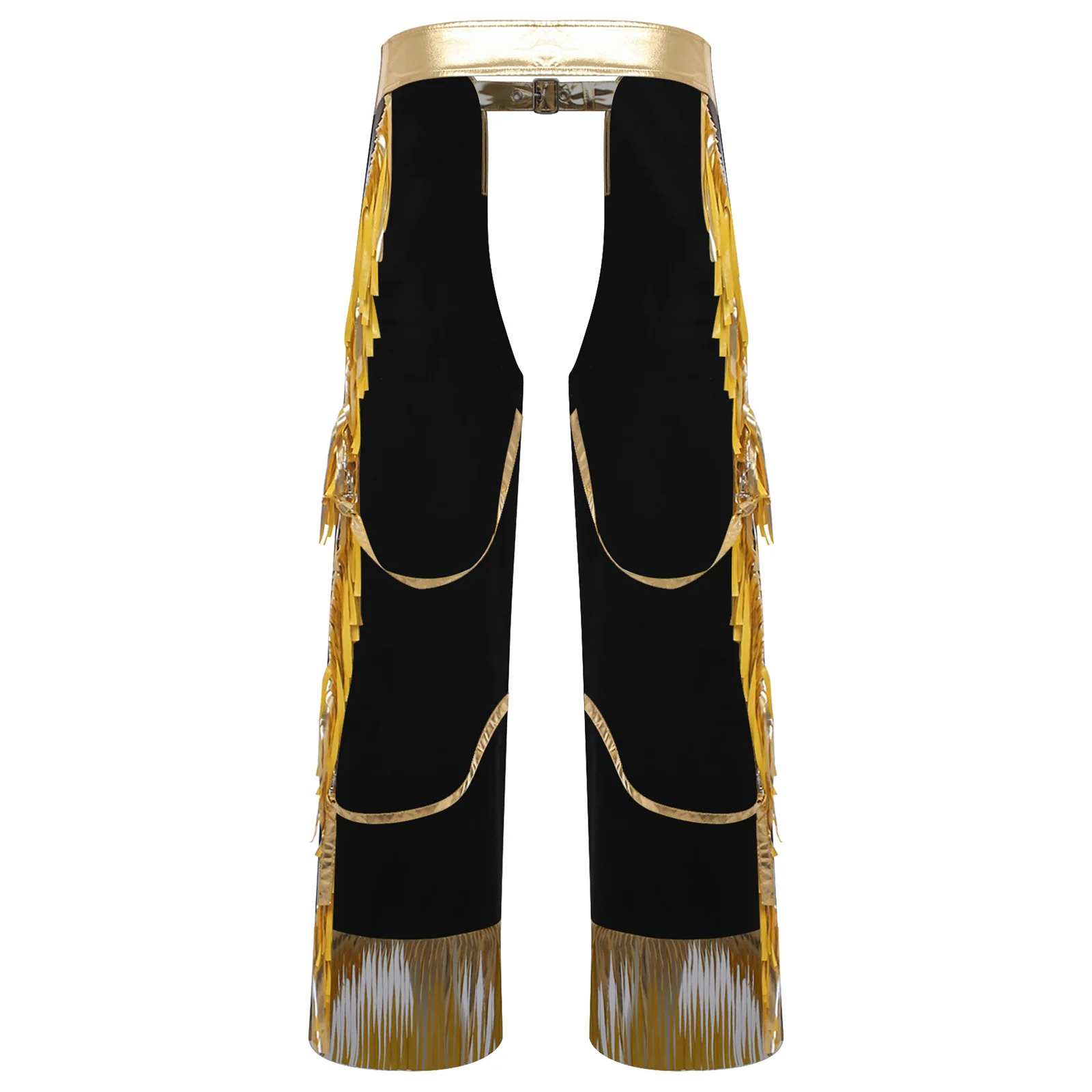 Męskie spodnie kowbojskie na Halloween, metaliczne, błyszczące, z frędzlami, regulowany pas, wycięty krok, długie spodnie do jazdy na byciach.