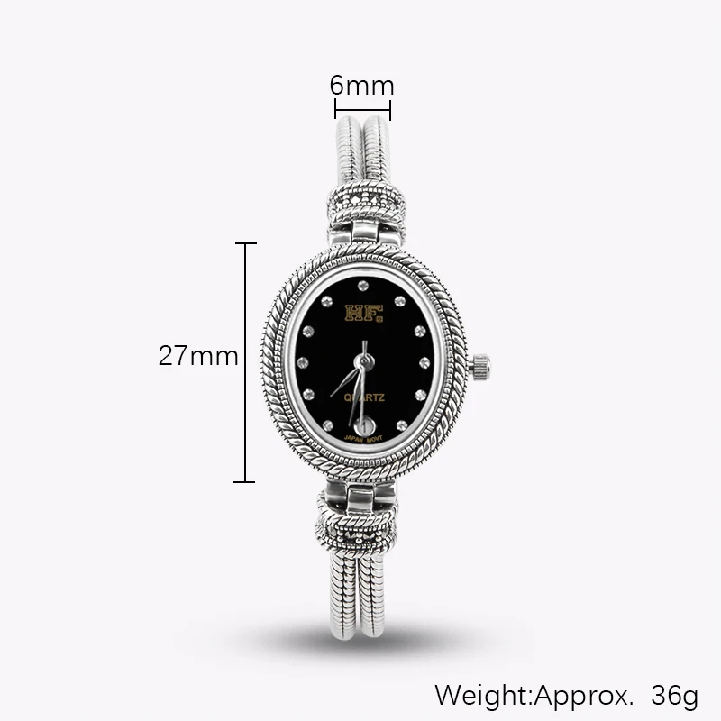 Jade Angel Women\'s Watch 925 Sterling Silver Thailand Vintage Style Ellipse Japan Movement Quartz Ladies Wristwatch Fine Jewelry