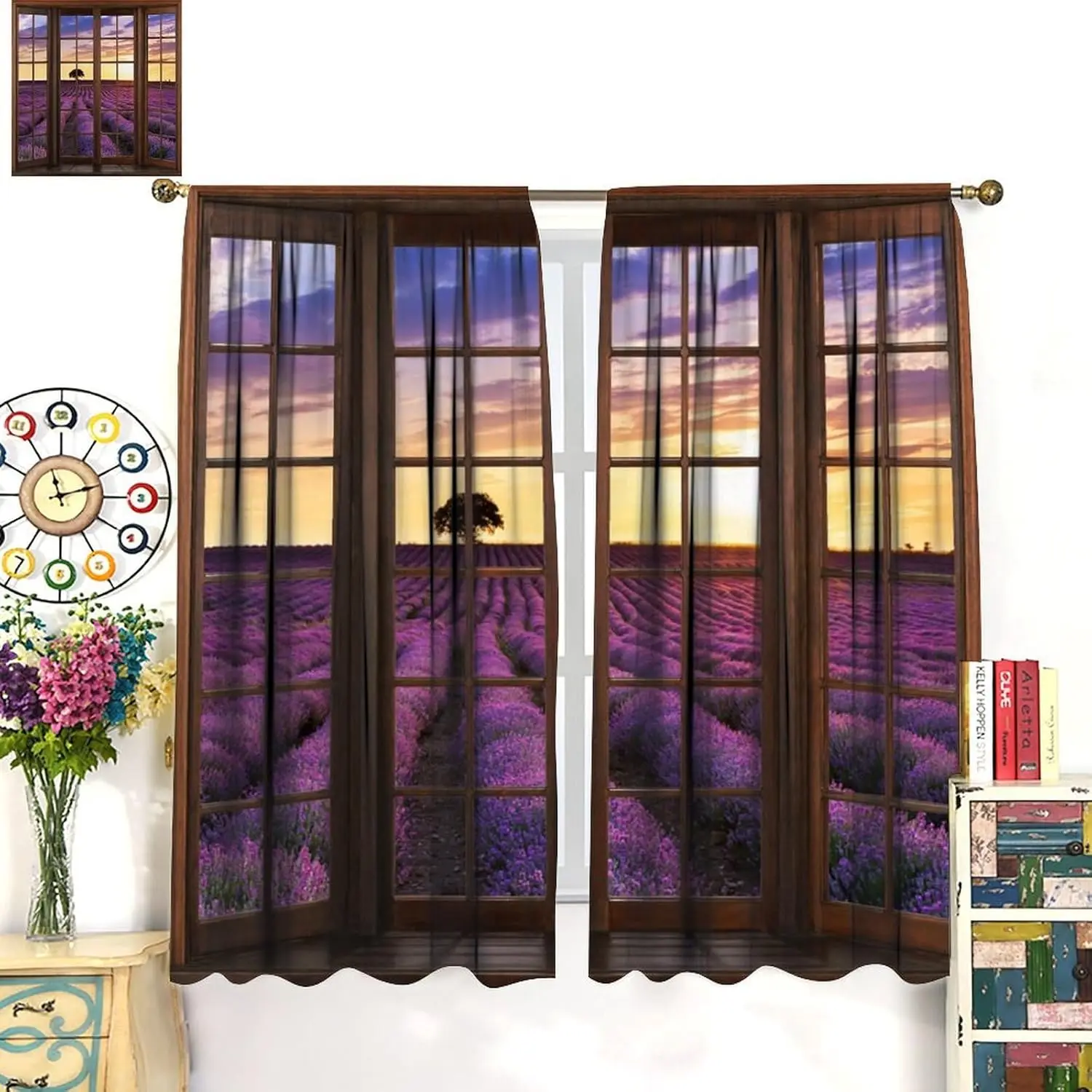 

3D Window Lavender Fields Curtains,Nature Landscape Sunset Sky Tree Spectacular Thermal Decor Rod Pocket Window Treatment for