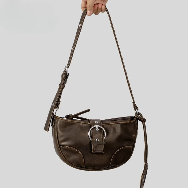 

Vintage PU Leather Underarm Bags Half Moon Women Crossbody Bags with Mirror Versatile Luxury Handbag for Female Summer Purses