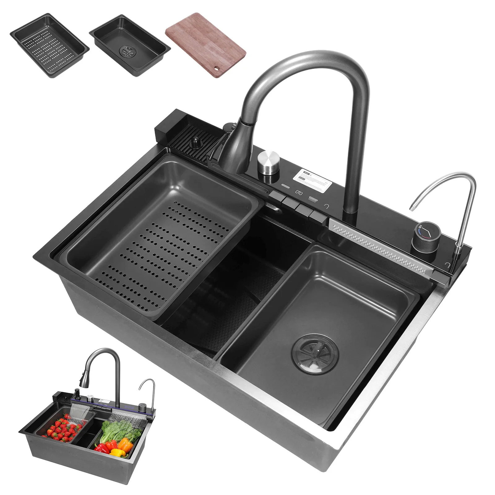 

Кухонная раковина-водопад с цифровым дисплеем и выдвижным поворотным смесителем, 5 режимов подачи воды